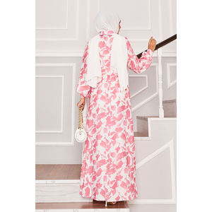 Robe florale rose avec col à nouer sur le côté, taille élastique, en viscose respirante, style décontracté et élégant, tailles XS-XL, idéale pour les occasions de remise de diplôme et autres occasions de jour. - Product Image 5