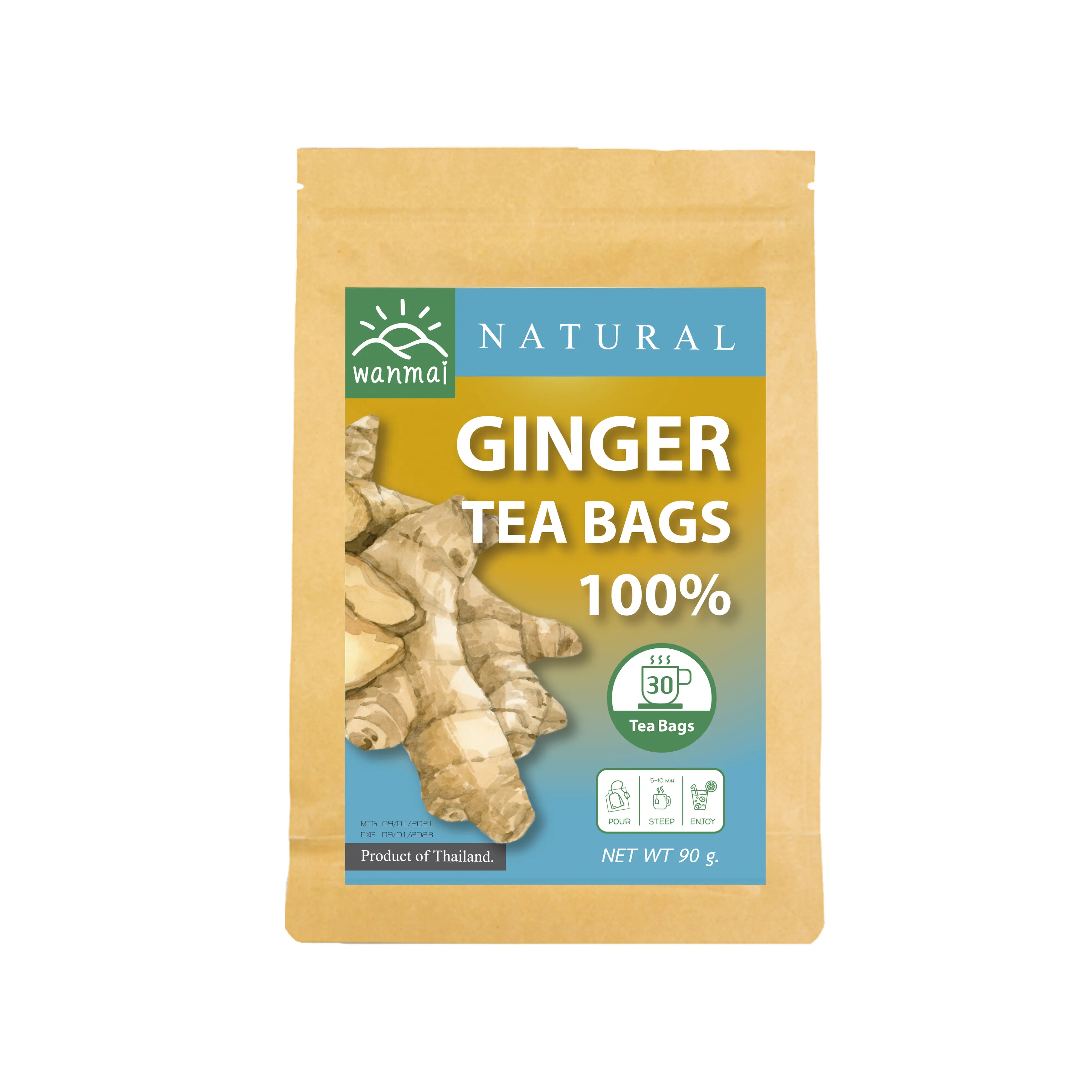 WANMAI29 Ginger Tea Supports Vegan and Ketogenic Diets 100% Real Herb in Kraft Steeping Bag