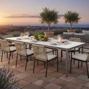 Table de salle à manger en dalle de pierre mate blanc neige et gris argenté pour intérieur/extérieur, table d'extérieur durable en métal aluminium - Product Image 4