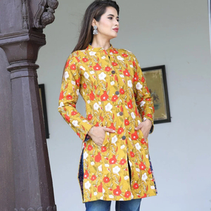 Chaqueta de algodón acolchada hecha a mano para mujer, abrigo reversible floral bohemio de manga larga con estampado de flores multicolor para invierno - Product Image 1