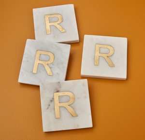 Marble <b>Coffee</b> Mug Coaster Brass R Alphabet Design Crafts Square Shape Table Decoration Item Mats And <b>Pads</b> - Product Image 1