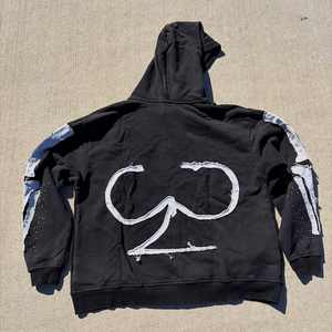 Sudadera con capucha bordada con apliques desgastados de 450Gsm personalizada para hombre, cuello con capucha con patrón sólido y cremallera completa de gran tamaño para invierno - Product Image 2