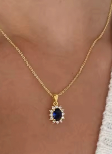 Ensemble de pierres précieuses en argent sterling plaqué or et tanzanite CZ fait à la main pendentif tendance avec chaîne forme ovale lunette 5X7MM pour femmes - Product Image 2