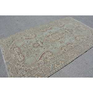 Tapis turc vintage bleu beige classique 5.2x8.9 pieds laine Patchwork tapis de salon avec support en latex pour adolescents - Product Image 4