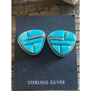 Navajo Number 8 Turquoise <b>Sterling</b> <b>Silver</b> Geometric Inlay <b>Stud</b> <b>Earrings</b> - Product Image 3