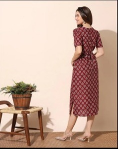 Main bloc imprimé femmes robe mi-longue manches 3/4 bohème décontracté à la main Design Floral indien coton tissu décontracté Floral - Product Image 3