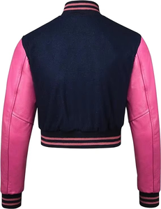 Chaqueta corta de lana azul marino para mujer con mangas de cuero Rosa Chaqueta corta de bombardero de béisbol con letras acolchadas - Product Image 2