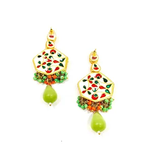 Ensemble de collier Monalisa en pierre verte orange Meenakari Kundan plaqué or, bijoux fins pour mariages et cadeaux, avec perle - Product Image 5
