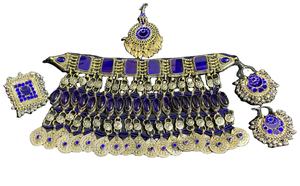 Afghan Royal Blue Tribal Jewelry Set With Square And Oval Stones Handmade Ethnic Kuchi Choker With Engraved Dangling <b>Coins</b> - Product Image 5