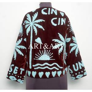 Handmade Multicolor Suzani Embroidered <b>Velvet</b> Quilted <b>Jacket</b> <b>Women's</b> Breathable Floral Design Eco-Friendly Quick Dry Cotton - Product Image 5