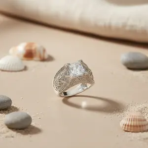 Платиновое кольцо с геометрическим романтическим изумрудным огранением из фианита для женщин — ювелирное украшение с родиевым покрытием, подарок на помолвку - Product Image 3