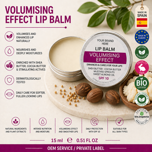 Bálsamo Labial Voluminizador de Marca Privada 15ml OEM |   Cuidado Labial Voluminizador e Hidratante con Manteca de Karité y Cacao |   España UE - Product Image 1