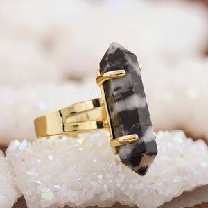 Double Pointed Healing Zebra Jasper Gemstone <b>Rings</b>- Long Stone Gold Plated Women <b>Ring</b> - 925 Silver <b>Crystal</b> <b>Ring</b> Jewelry - Product Image 1