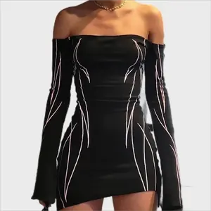 Dresses Goth Dark Cyber Gothic Techwear Print Y2k Party Punk Off Shoulder Sexy Biker Mini For Women Full Sleeve Streetwear