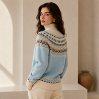 Cardigan 100 % cachemire pour femme, motif Fair Isle, bleu ciel, col montant côtelé, fermeture éclair, veste en cachemire tricotée