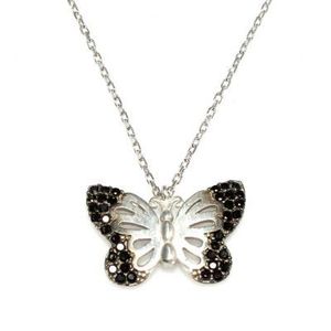 Collier papillon en argent sterling 925 avec incrustation de pierres noires et blanches serties clos - Product Image 2