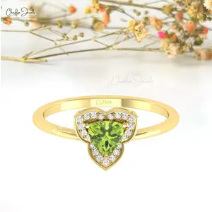 Peridot Trillion Cut Prong Set Halo Ring 14k Solid Gold 0.084 cts White Diamond Ring New Fine Wholesale Jewelry Collection