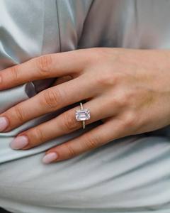 12x10mm <b>Emerald</b> Cut Moissanite Diamond Engagement <b>Ring</b> | Solitaire Pave Band Sterling <b>Silver</b> 18K Gold Plated | Minimalist Women - Product Image 1