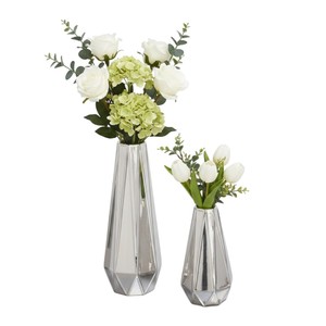 Juego de 2 Floreros Decorativos de Metal Geométrico Plateado de Estilo Moderno, Elegante Decoración para el Hogar, Centro de Mesa, Florero, Mejor Precio - Product Image 1