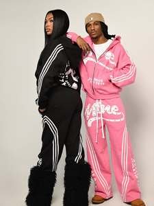 Ensemble de survêtement unisexe en coton avec broderie et strass, style streetwear, pantalon de survêtement évasé et sweat-shirt ample - Product Image 3