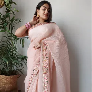 Tươi đến nặng georgette Saree với micro xếp li trên tất cả Saree với công việc thêu đẹp Saree biên giới