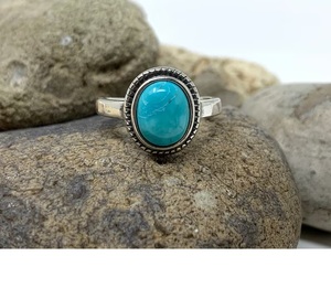 Vintage Style Silver Turquoise Oval Gemstone <b>Ring</b> Natural Boho <b>Statement</b> Stone Jewelry for Women - Product Image 4