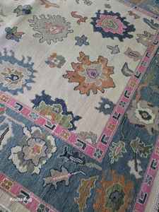 Beau tapis turc moderne traditionnel antique de 9x12 de haute qualité blanc bleu Oushak tapis de laine noué à la main tapis de prière en soie - Product Image 2