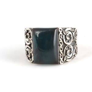 925 Sterling Silver Men's Handcrafted <b>Ring</b> with Green Pressed Amber Stone and Pen Design Turquoise Bezel Setting Everyday Wear - Product Image 5