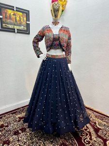 Lehenga – chemisier sans manches avec veste et tissu imitation Georgette Dupatta, tenue de soirée et de mariage - Product Image 3