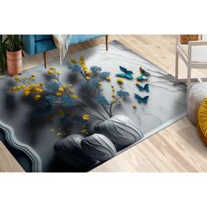 Tapis Fleurs et Papillons, Tapis Moderne de Luxe à Motifs Floraux, Tapis Fin Non Tissé - Product Image 1