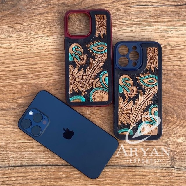 New Custom Design Turquoise Western Hand Tooled and Floral Leather Phone Cases for iPhone Genuine Leather Case IPhone 15 Pro Max