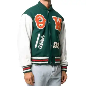 OEM özel nakış şönil Logo erkekler yün beyzbol ceketleri düğme Up boş deri kol beyzbol Bomber ceket