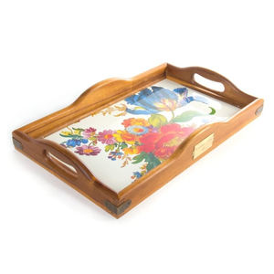 Modern Enamel Floral Design Rectangle Decorative Storage <b>Tray</b> <b>Wooden</b> Serving <b>Tray</b> With Cutting Handles - Product Image 1