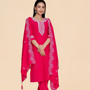 Costume brodé rose de qualité supérieure pour les femmes élégant traditionnel vêtements ethniques dentelle décoration solide motif naturel automne - Product Image 1