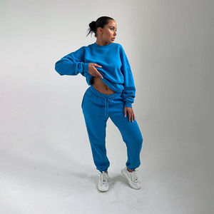 Surdimensionné personnalisé bleu 2 pièces femmes col rond sweat chemise à revers jogger ensemble respirant à capuche et pantalons de survêtement femmes survêtement ensemble - Product Image 1