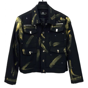 Veste en jean noire sur mesure pour homme STITCHMODE avec col en V, matière délavée, style safari long, mode d'hiver - Product Image 1