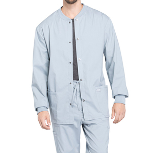 Blouses d'hôpital mi-longues personnalisées pour hommes avec logo, à fermeture boutonnée, en sergé, avec col et poignets en tricot côtelé, vente en gros - Product Image 6