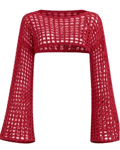Womens Red Crochet Knit Cropped Sweater With Open Weave Design <b>Long</b> Flare Sleeves Fashionable Casual Streetwear Top - Product Image 1