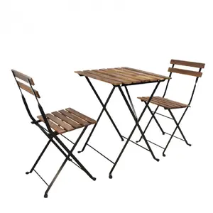 Toptan açık bahçe Pinic akasya ahşap katlanır sandalyeler ve masa veranda mobilya için Bistro Set çelik çerçeve ile ucuz fiyat