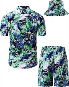 Marque privée Ensemble 3 pièces hawaïen en satin léger pour homme-Chemise à fleurs Chapeau court pour l'été Plage Voyage Piscine Fête Motif 3D - Product Image 4