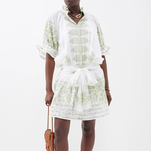 Blusa de Moda Personalizada, Vestido Casual con Estampado Floral Blanco y Verde, Ligero, de Algodón, Cuello en V, Estilo Línea A, Sexy para Verano - Product Image 1