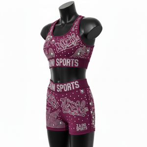 Ensemble shorty femme en polyester élasthanne 220 GSM de qualité supérieure, couleur bordeaux, avec logo personnalisé en strass thermocollé, ensemble shorty femme en coton - Product Image 4