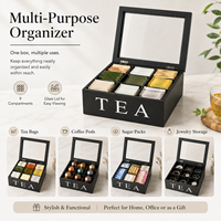 Boîte à thé en bois massif avec couvercle transparent, boîte de rangement à 9 compartiments pour sachets de thé, capsules de café, pour la maison, la cuisine, le bureau