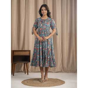 Vestido de Algodón Mulmul Azul Marino con Estampado a Mano, Estilo Boho-Elegante, Casual, Cintura Natural, Transpirable, Diseño Sostenible, ODM - Product Image 4