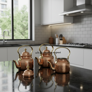 Ensemble de théière/caféière en cuivre martelé à la main de qualité export premium, bouilloire de luxe moderne, poignées et bec verseur résistants à la chaleur et écologiques - Product Image 2