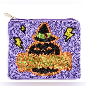 Porte-monnaie d'Halloween fait à la main couleur violet noir vert orange message d'Halloween graine perlée Halloween mini pochette sac lavande - Product Image 1
