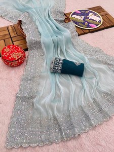 Saree de seda de diseñador para mujer con bordado de lentejuelas Zari Hermoso estilo pakistaní Ropa de boda y fiesta - Product Image 2