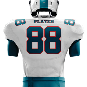 Uniforme de football américain sublimé en polyester 100% personnalisé, matériel d'équipe en sergé blanc sarcelle respirant, maillot court à l'avant - Product Image 3