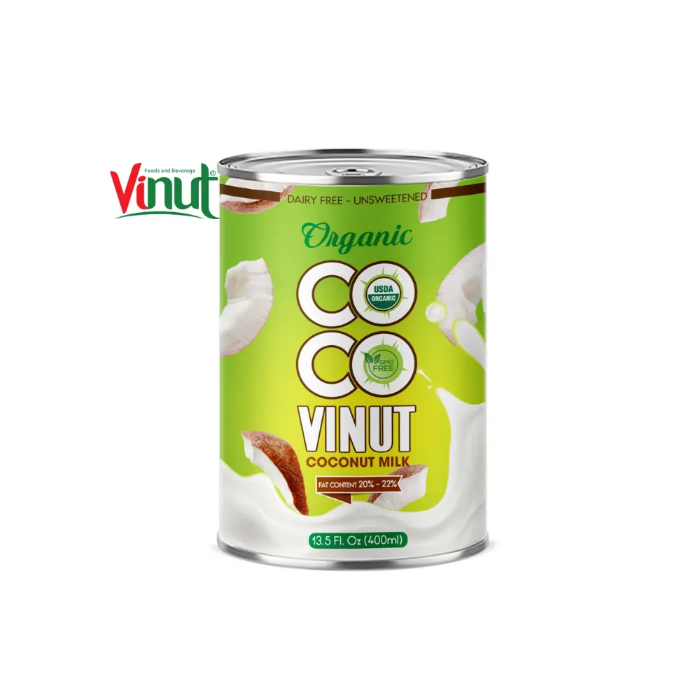 Leche de Coco orgánica de lata de VINUT, 400ml, para cocinar con 20-22% de grasa, fabricante de Vietnam y granja