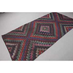 Alfombra Kilim Turca Vintage de 4,3x8,3 pies (131x252 cm), Alfombra de Lana Azul Sólida - Product Image 4